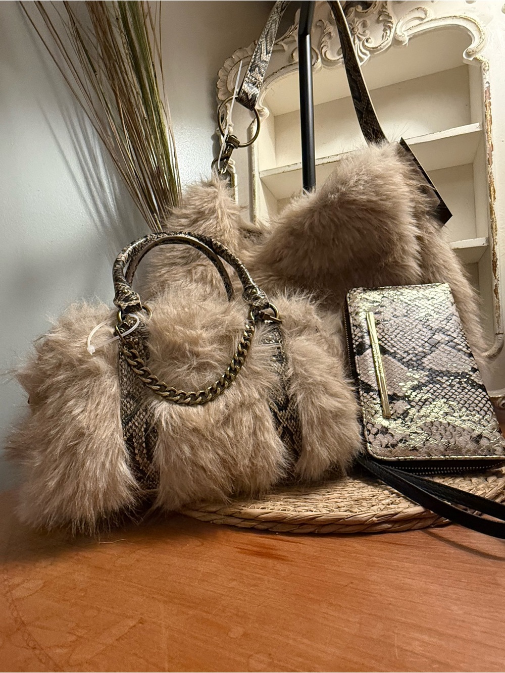 Steve Madden Fur Bag Collection with Snakeskin Accent